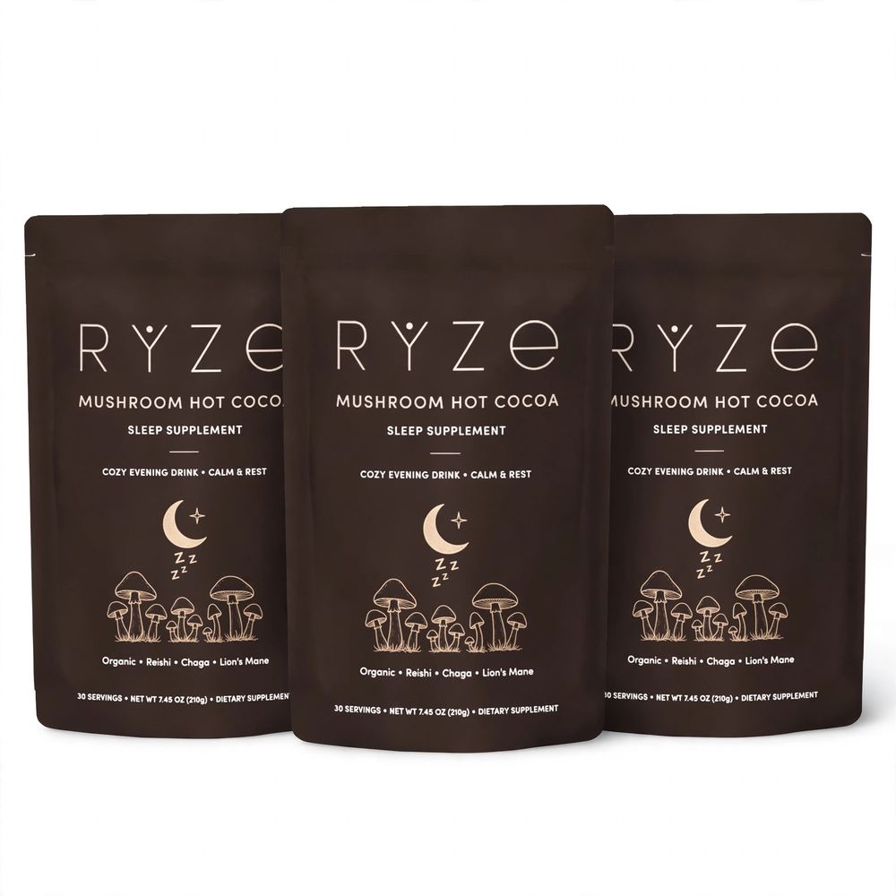 Pack of 3 RYZE SUPERFOODS Mushroom Hot Cocoa Melatonin Sleep Supplement, Keto Cocoa Powder 20 Servings Each